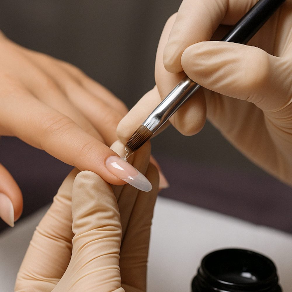 Nail designer construindo alongamento de unha em gel sobre molde, em plano fechado